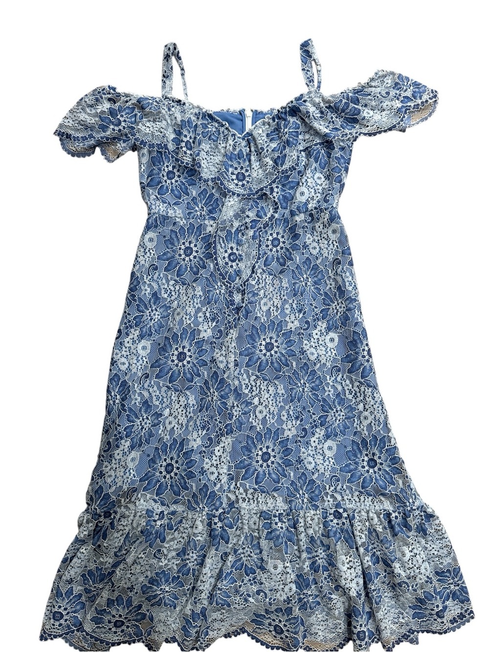 BCBGMAXAZRIA Blue Lace Off Shoulder Midi Dress Ruffle Hem Romantic size M